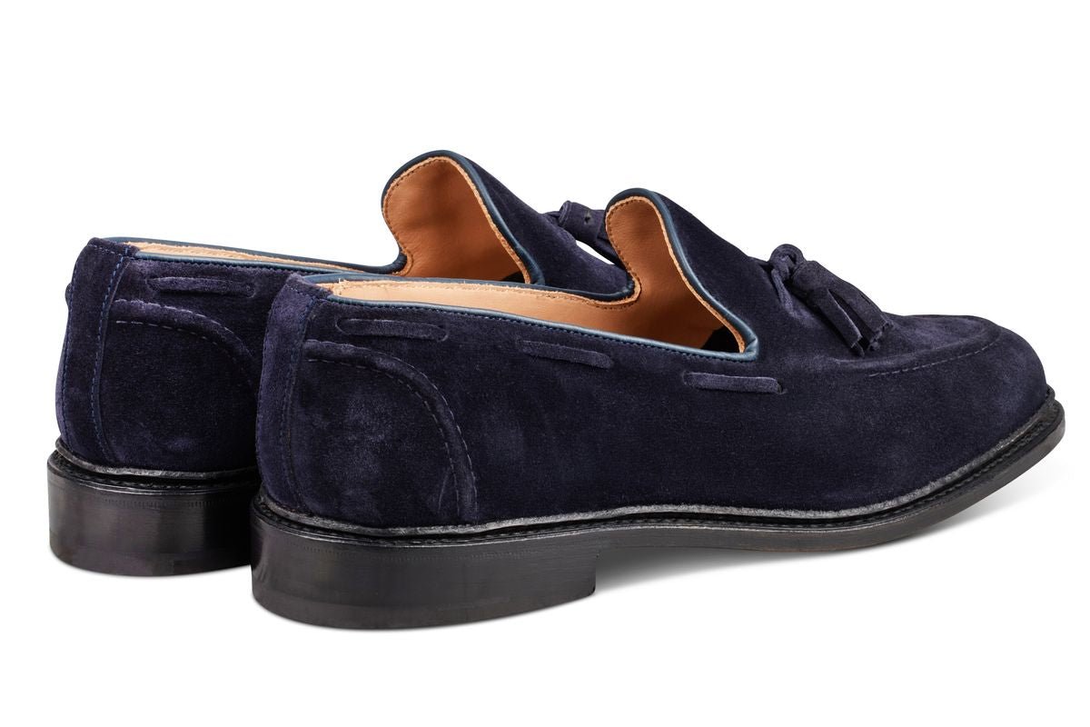 Elton Tassel Loafer Navy Suede – R E Tricker Ltd